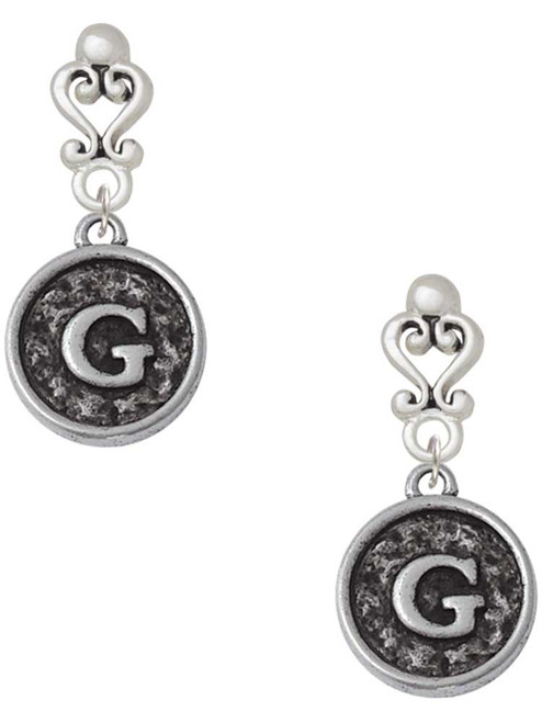 Silver Plated Antiqued Round Seal - Initial - G - Filigree Heart Post Earrings