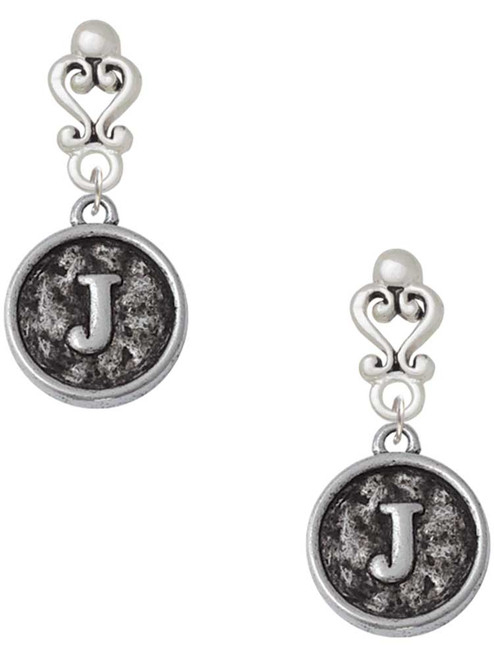 Silver Plated Antiqued Round Seal - Initial - J - Filigree Heart Post Earrings