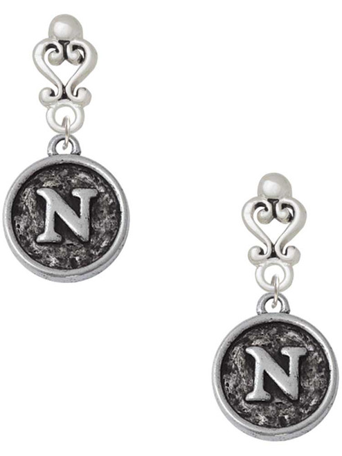 Silver Plated Antiqued Round Seal - Initial - N - Filigree Heart Post Earrings