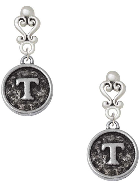 Silver Plated Antiqued Round Seal - Initial - T - Filigree Heart Post Earrings