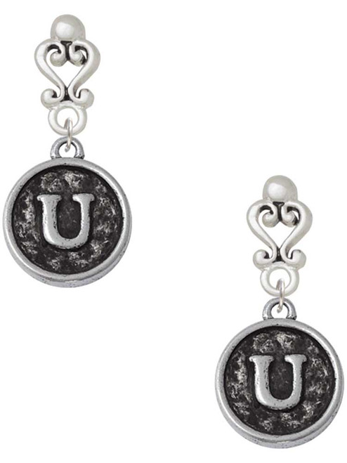 Silver Plated Antiqued Round Seal - Initial - U - Filigree Heart Post Earrings