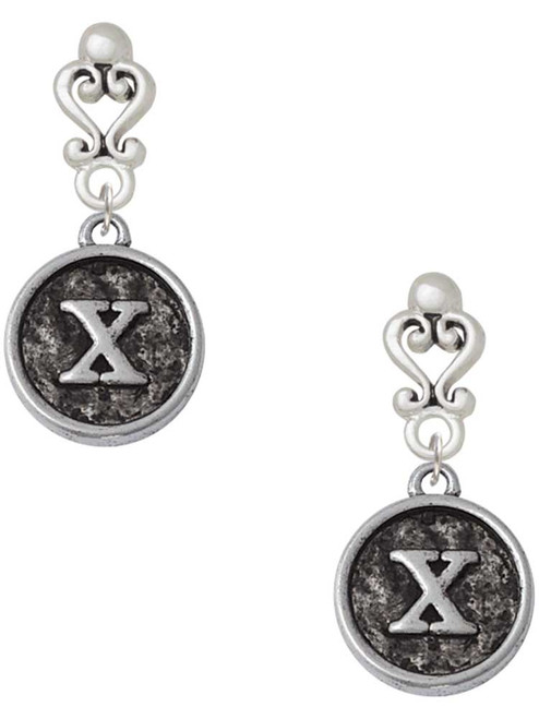Silver Plated Antiqued Round Seal - Initial - X - Filigree Heart Post Earrings
