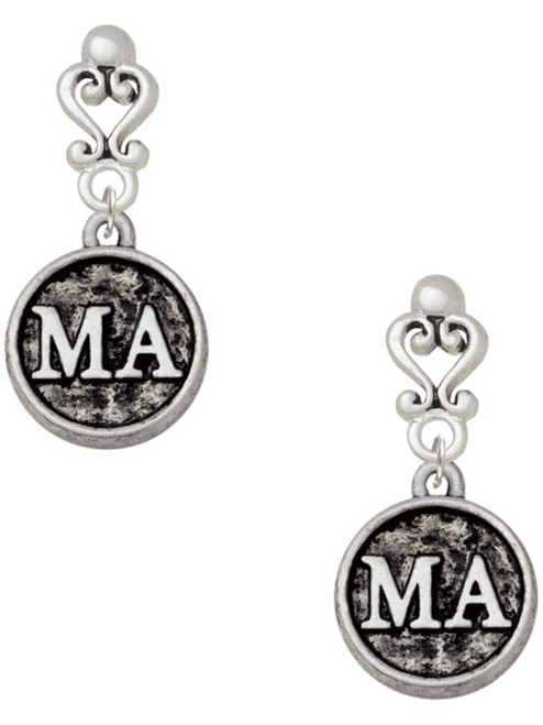 Silver Plated Medical Assistant Caduceus Seal - MA - Filigree Heart Post Earrings
