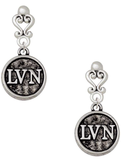 Silver Plated Nurse Caduceus Seal - LVN - Filigree Heart Post Earrings