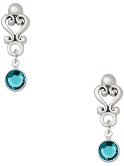 Silver Plated Crystal Teal Channel Drop - Filigree Heart Post Earrings