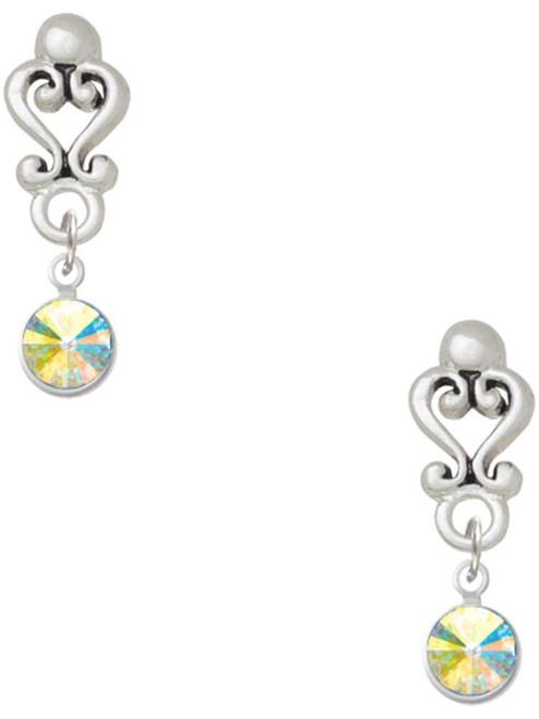 Silver Plated Crystal Clear AB Channel Drop - Filigree Heart Post Earrings
