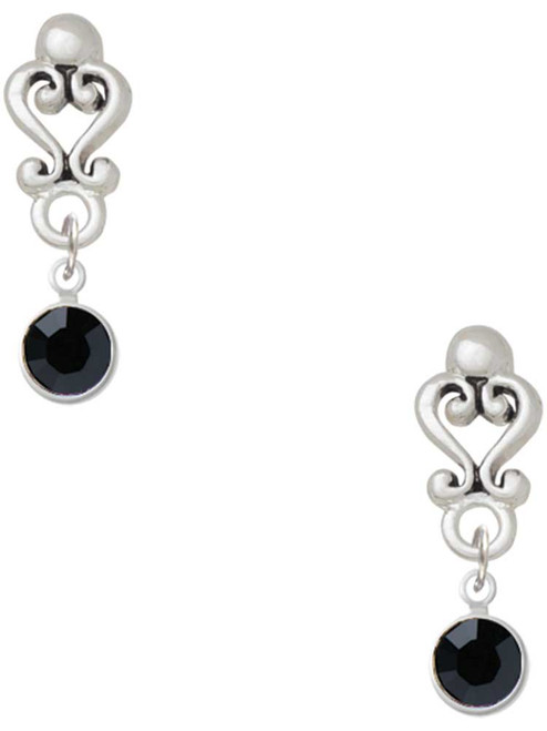 Silver Plated Crystal Black Channel Drop - Filigree Heart Post Earrings