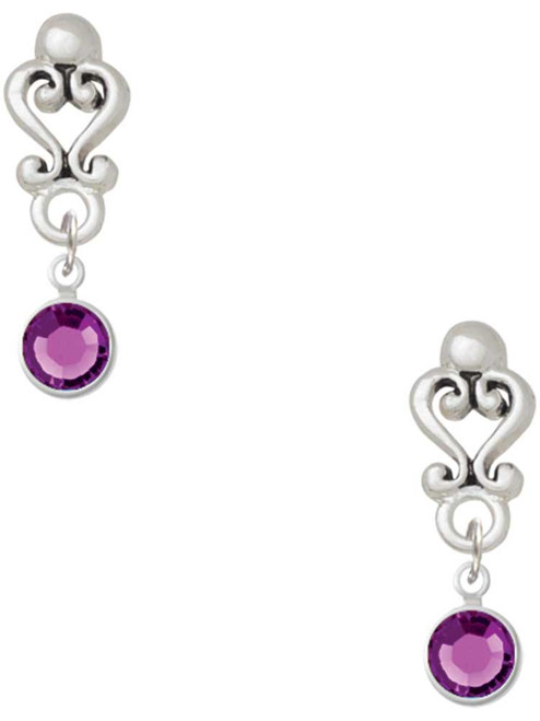 Silver Plated Crystal Purple Channel Drop - Filigree Heart Post Earrings