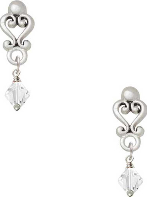 April - Clear Crystal Bicone - Filigree Heart Post Earrings