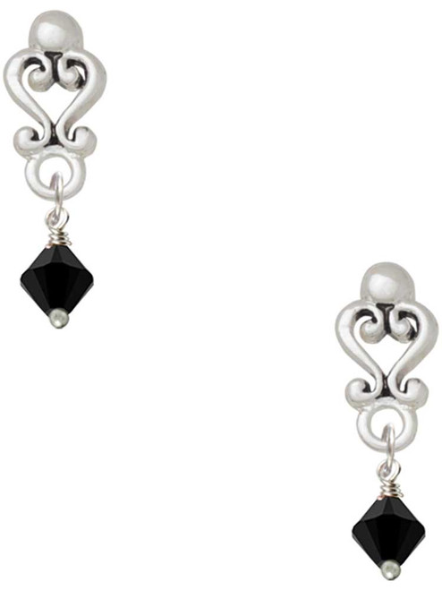 Black Crystal Bicone - Filigree Heart Post Earrings