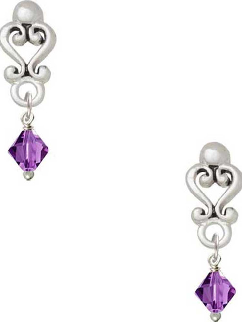 February - Purple Crystal Bicone - Filigree Heart Post Earrings