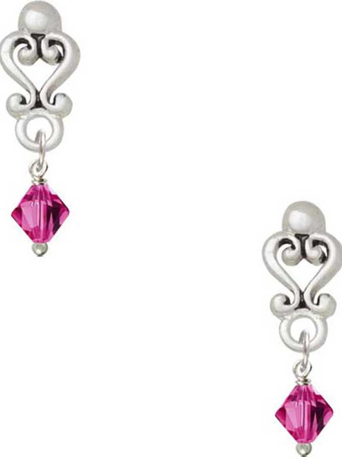 Fuchsia Crystal Bicone - Filigree Heart Post Earrings
