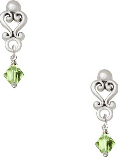 August - Lime Green Crystal Bicone - Filigree Heart Post Earrings