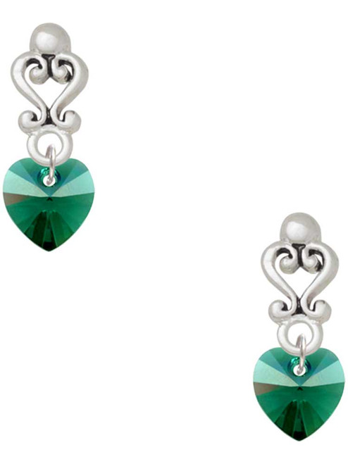 10mm Green Crystal Heart - Filigree Heart Post Earrings