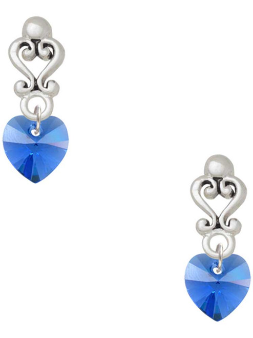 10mm Blue Crystal Heart - Filigree Heart Post Earrings