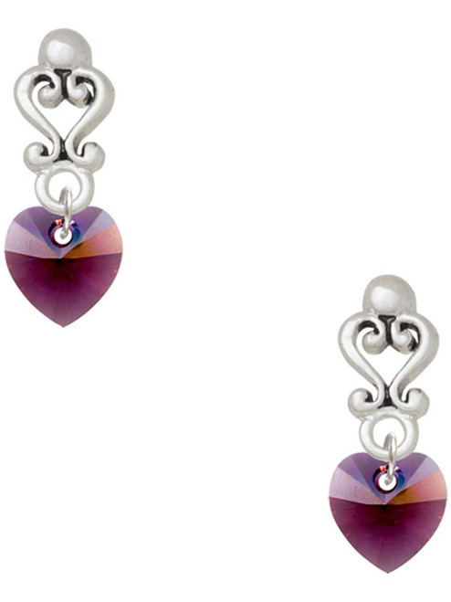 10mm Purple Crystal Heart - Filigree Heart Post Earrings