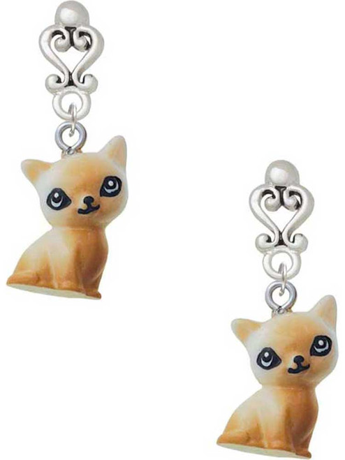 Resin Siamese Cat - Filigree Heart Post Earrings