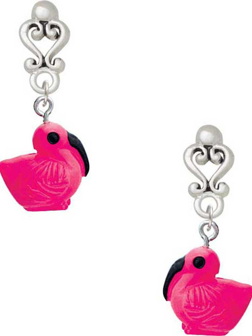 Resin Hot Pink Flamingo - Filigree Heart Post Earrings
