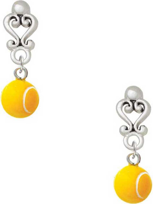 Resin Tennis Ball - Filigree Heart Post Earrings