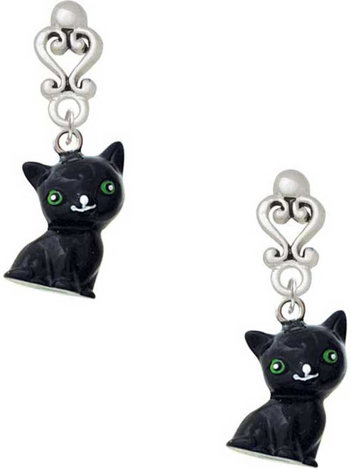 Resin Black Cat - Filigree Heart Post Earrings