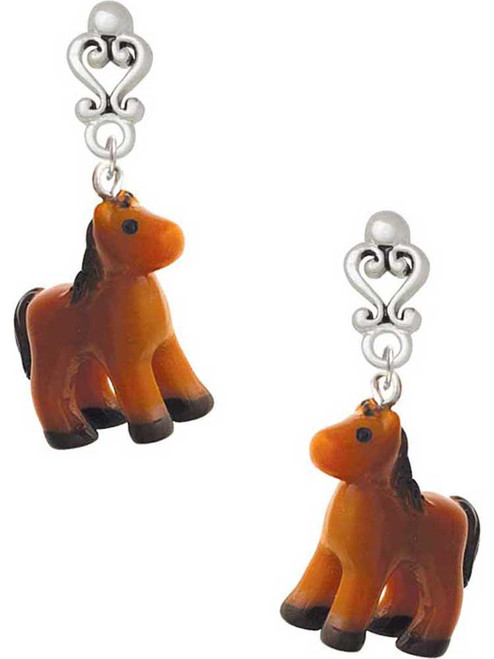 Resin Brown Pony - Filigree Heart Post Earrings