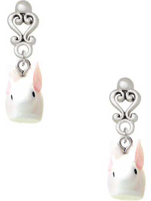 Resin White Big Ear Bunny - Filigree Heart Post Earrings