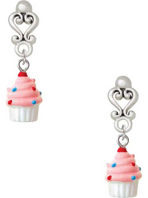 Resin Mini White Cupcake with Pink Frosting - Filigree Heart Post Earrings