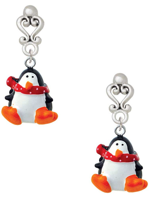 Resin Penguin with Red Scarf - Filigree Heart Post Earrings