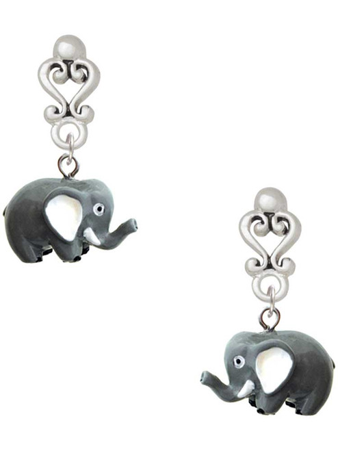 Resin Grey Elephant - Filigree Heart Post Earrings