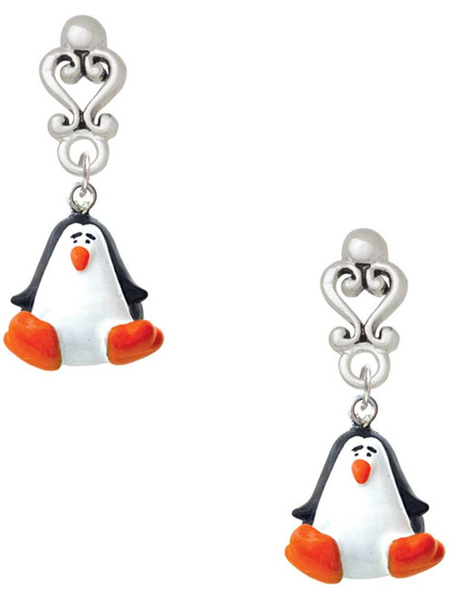 Resin Penguin - Filigree Heart Post Earrings