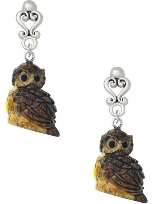 Resin Sitting Owl - Filigree Heart Post Earrings