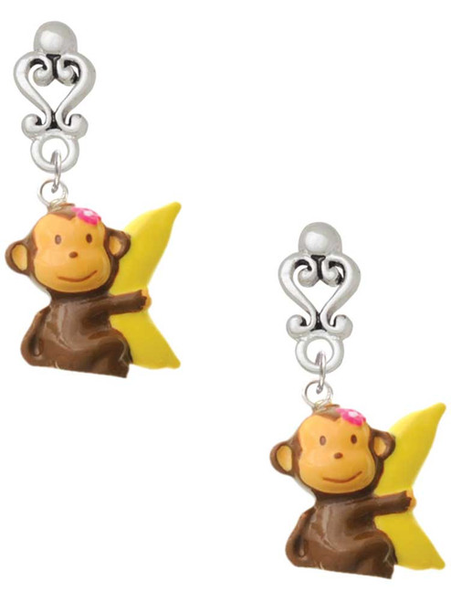 Resin Monkey Hugging a Banana - Filigree Heart Post Earrings