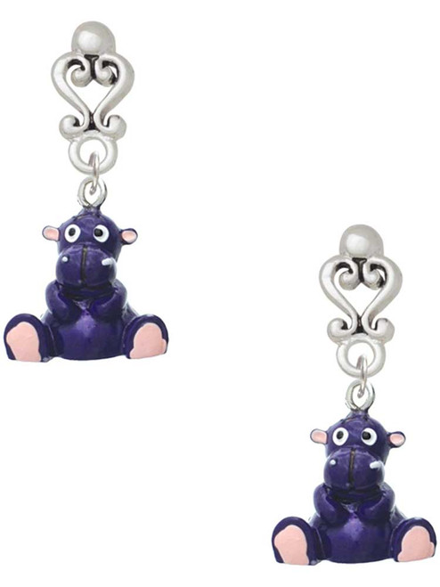 Resin Purple Hippopotamus Honey - Filigree Heart Post Earrings