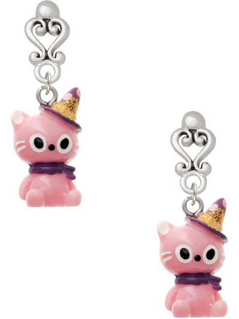 Resin Pink Birthday Kitty Cat - Filigree Heart Post Earrings