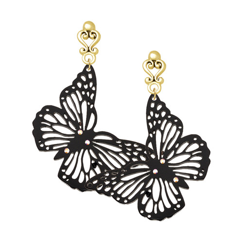 Acrylic Cut Out Butterfly Black - Gold tone Filigree Heart Post Earrings