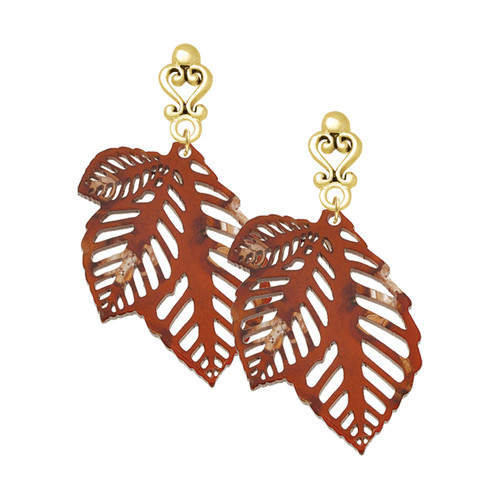 Acrylic Medium Triple Leaf Shimmer Brown - Gold tone Filigree Heart Post Earrings