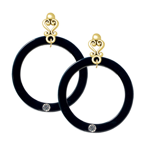Acrylic 1 1/2" Ring with 4mm Crystal Black - Gold tone Filigree Heart Post Earrings