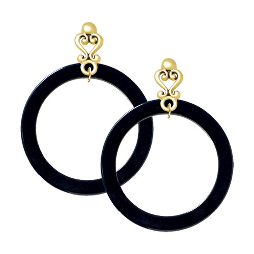 Acrylic 1 1/2" Ring Black - Gold tone Filigree Heart Post Earrings