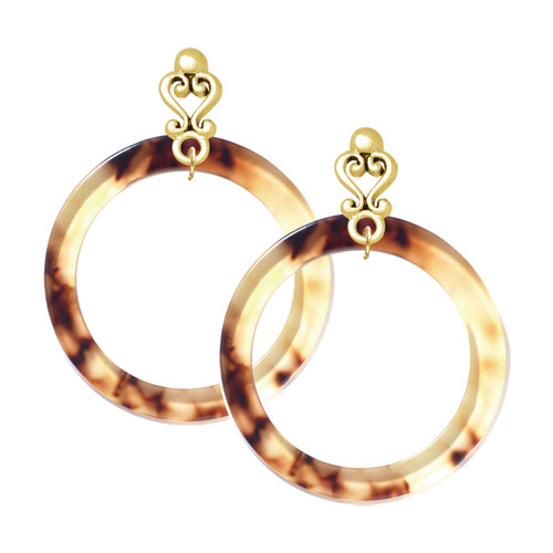 Acrylic 1 1/2" Ring Mixed Brown and Yellow - Gold tone Filigree Heart Post Earrings