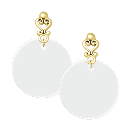 Acrylic 1 1/8" Disc Shimmer White - Gold tone Filigree Heart Post Earrings