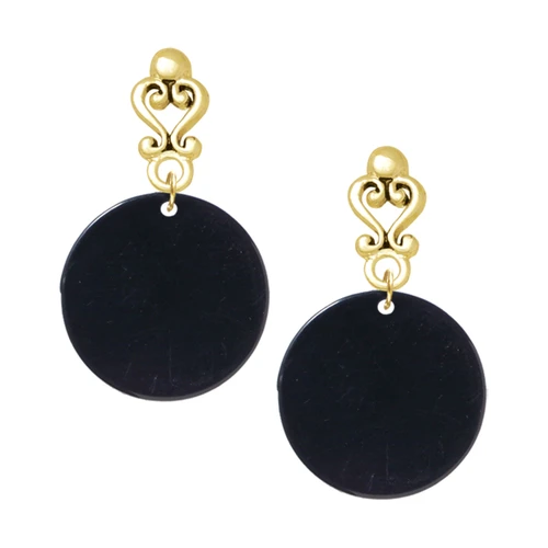 Acrylic 7/8" Disc Black - Gold tone Filigree Heart Post Earrings