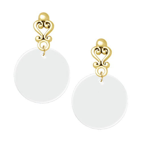 Acrylic 7/8" Disc Shimmer White - Gold tone Filigree Heart Post Earrings