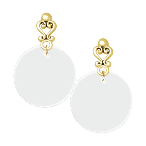 Acrylic Large Disc Shimmer White - Gold tone Filigree Heart Post Earrings