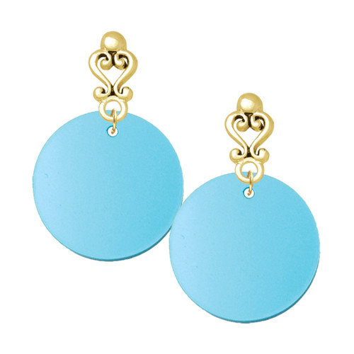 Acrylic Large Disc Shimmer Hot Blue - Gold tone Filigree Heart Post Earrings