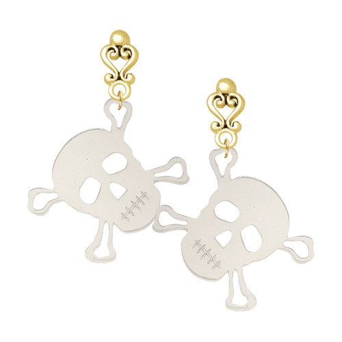Acrylic Large Clear Skull - Gold tone Filigree Heart Post Earrings
