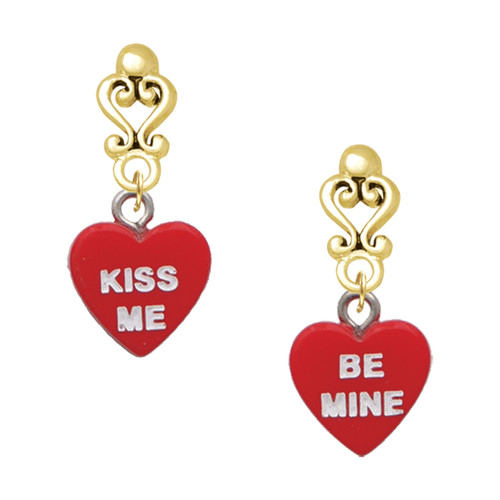 Acrylic Red "Be Mine / Kiss Me" Heart - Gold tone Filigree Heart Post Earrings