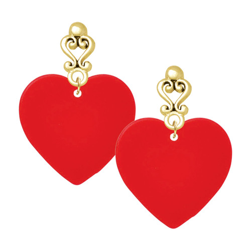 Acrylic Large Red Heart - Gold tone Filigree Heart Post Earrings