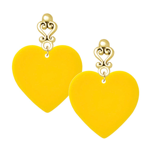 Acrylic Large Yellow Heart - Gold tone Filigree Heart Post Earrings