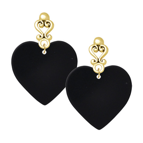 Acrylic Large Black Heart - Gold tone Filigree Heart Post Earrings