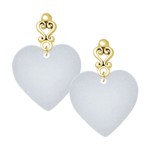 Acrylic Large Shimmer White Heart - Gold tone Filigree Heart Post Earrings